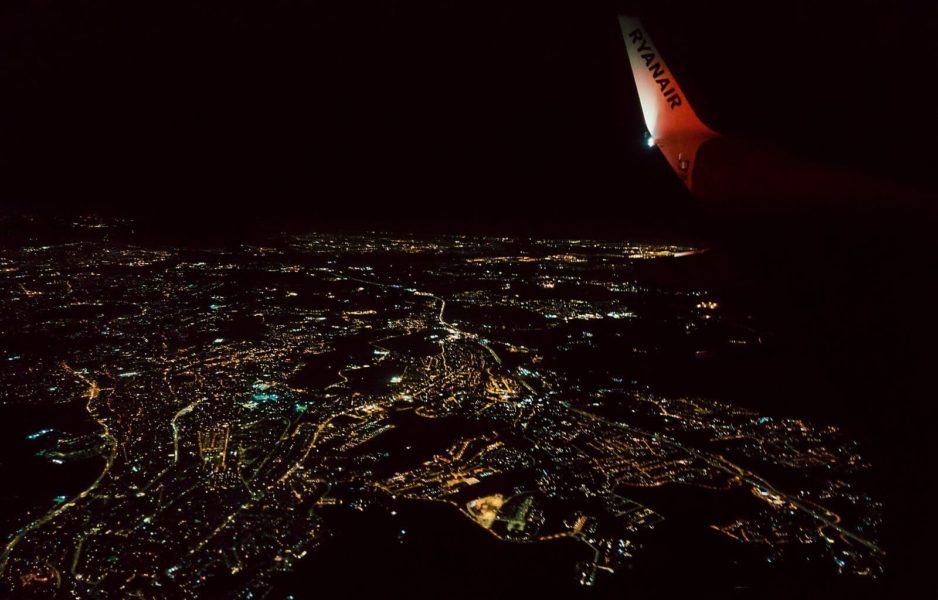 views out the window of an airplane at night