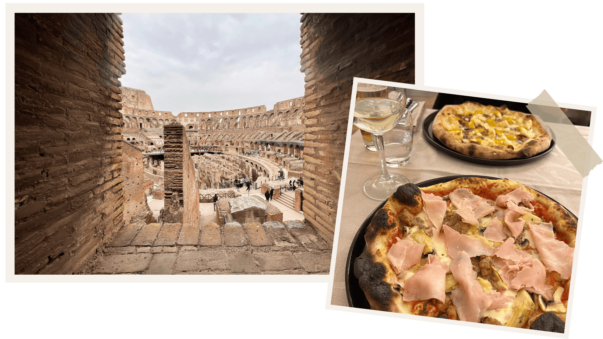 Colosseum in Rome and Pizza polaroid - Italy travel