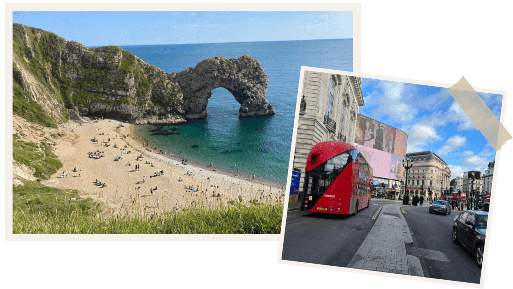 London double decker and Durdle Door, UK Travel