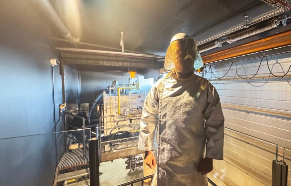 My father wearing the suit used when melting the lava at the Icelandic lava show