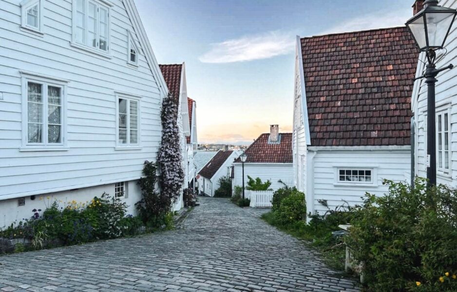 The beautiful streets of Stavanger in Norway at sunset