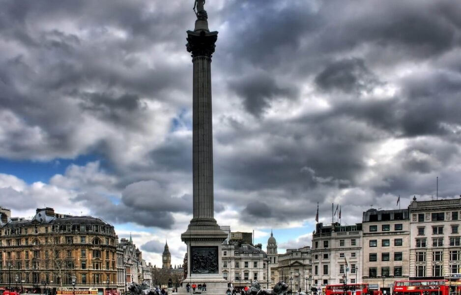Moody skies at Trafalgar Square in London