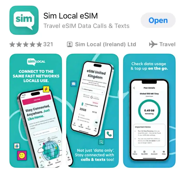 The download page for the Sim Local eSIM which we used for Switzerland